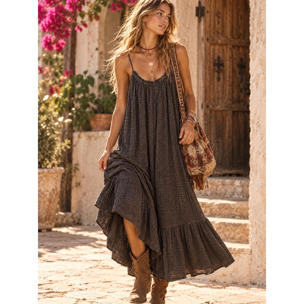 Anthropologie Black Cotton Gauze Tiered Maxi Dress Small Boho Relaxed Strappy